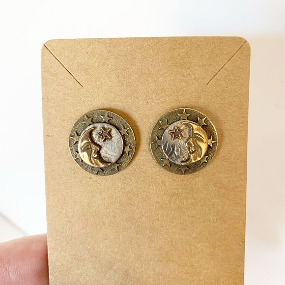 VTG Celestial Moon & Stars Circle Mixed Metal Earrings Pierced Stud Earrings - Picture 3 of 5